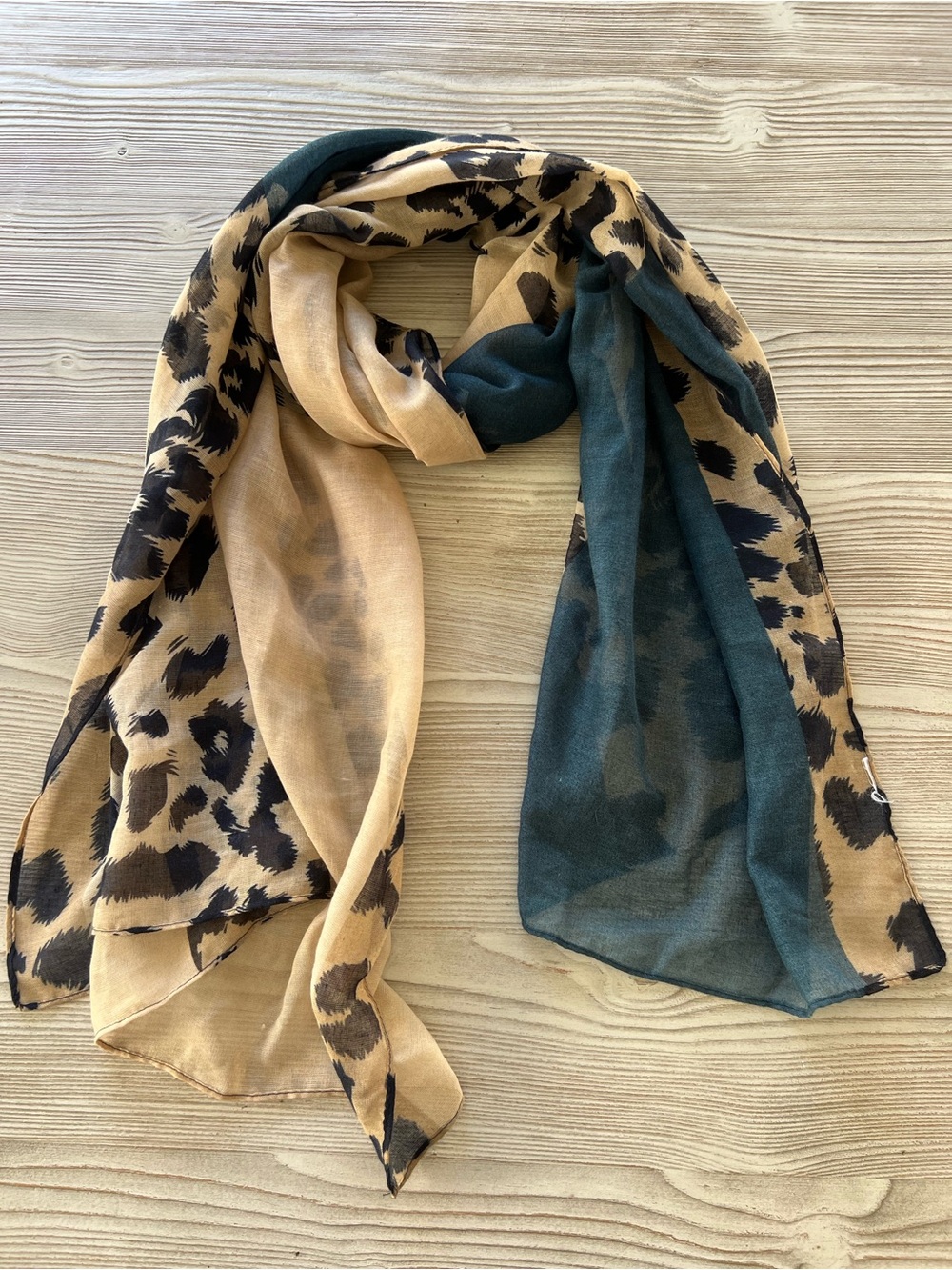 NEOT Leopard Print Lightweight Scarf in Tan and Teal